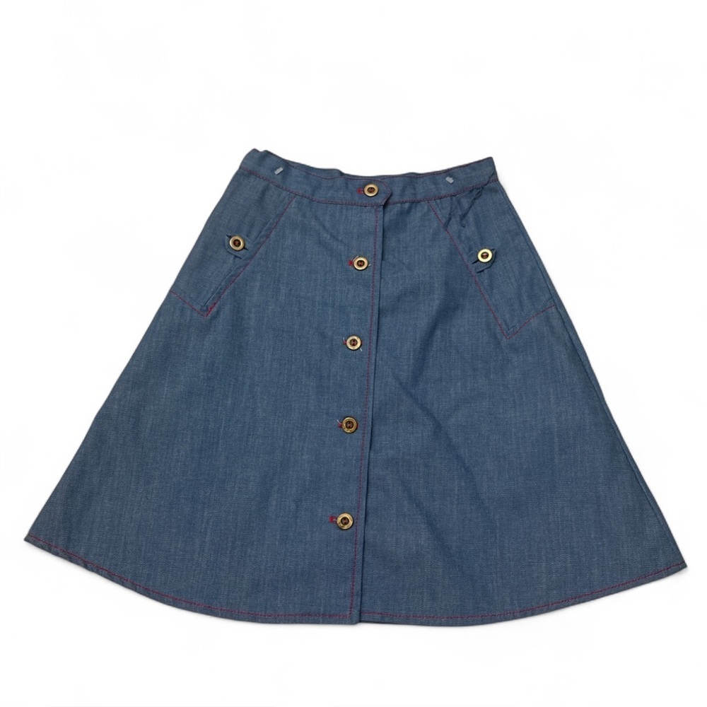 Vintage Sevilla Girl’s Denim Skirt Size 7 Button Front Blue Red Stitch NWT 1970s